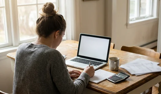 Real estate investor reviewing a deal on a laptop with a calculator at a kitchen table