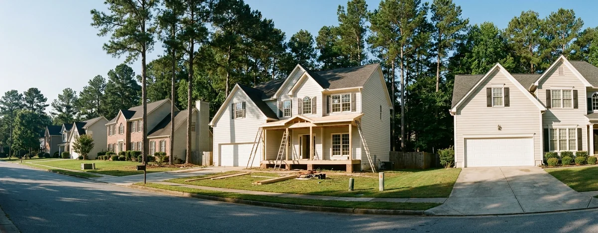 Suburban Atlanta street with one two-story house getting new siding and a new porch